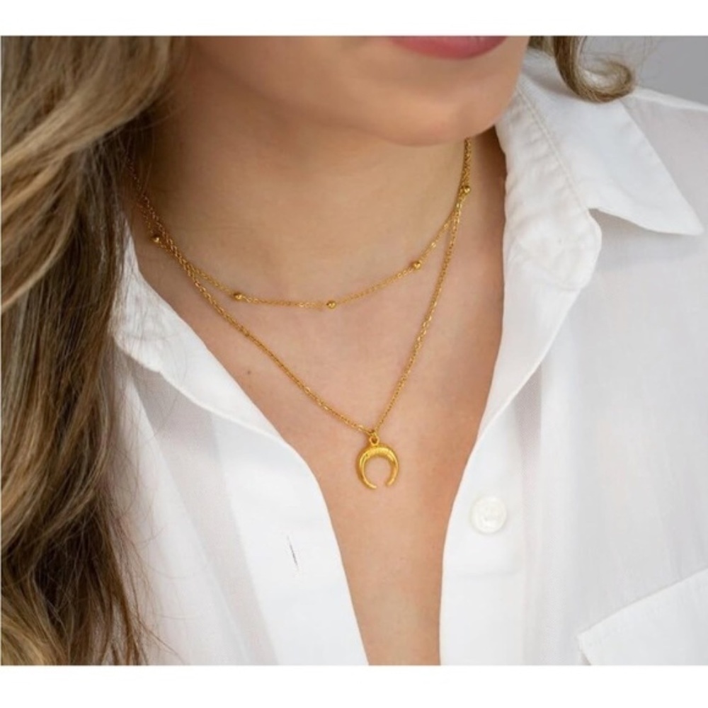 GOLD 14k Gold Plated Beaded Moon Pendant Necklace - Picture 2 of 3